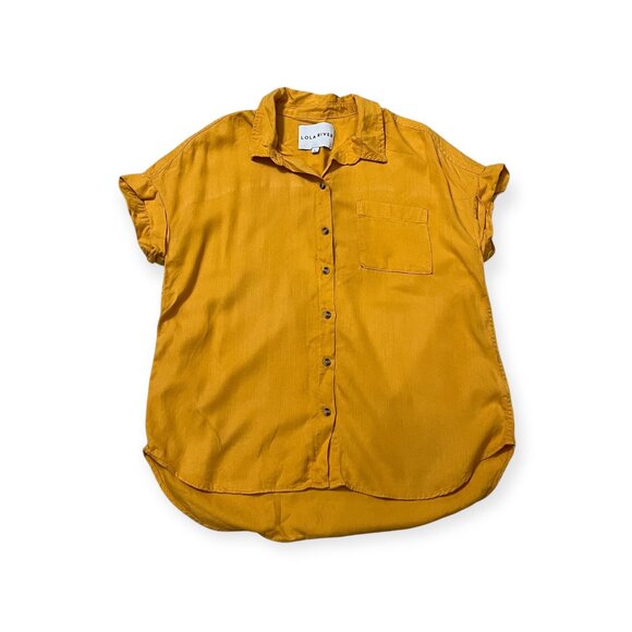 Lola River Women’s Mustard Yellow Tencel Button Front Short Sleeve Top Size L - Picture 1 of 7
